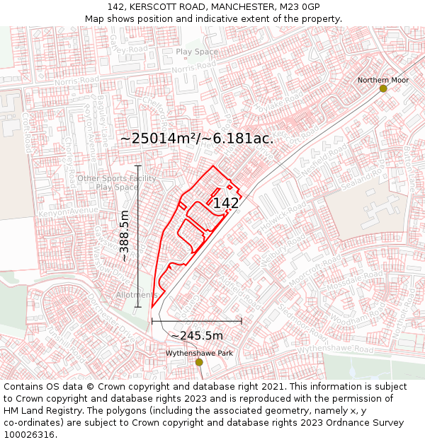 142, KERSCOTT ROAD, MANCHESTER, M23 0GP: Plot and title map