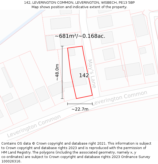 142, LEVERINGTON COMMON, LEVERINGTON, WISBECH, PE13 5BP: Plot and title map