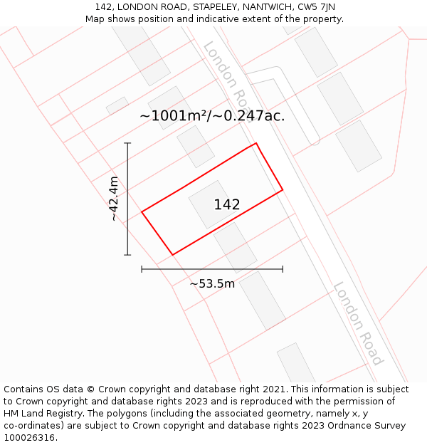 142, LONDON ROAD, STAPELEY, NANTWICH, CW5 7JN: Plot and title map