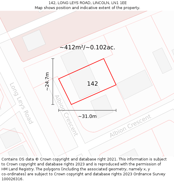 142, LONG LEYS ROAD, LINCOLN, LN1 1EE: Plot and title map