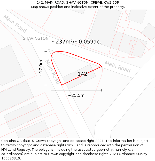 142, MAIN ROAD, SHAVINGTON, CREWE, CW2 5DP: Plot and title map