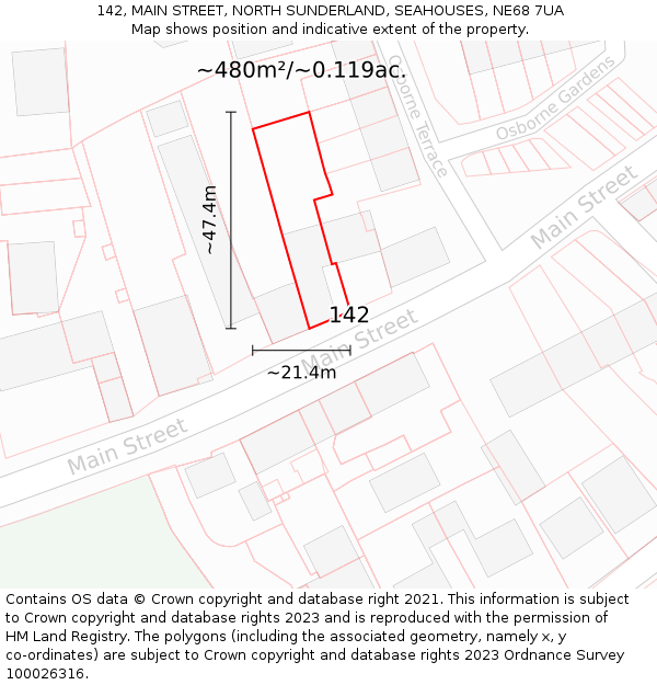 142, MAIN STREET, NORTH SUNDERLAND, SEAHOUSES, NE68 7UA: Plot and title map