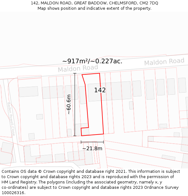 142, MALDON ROAD, GREAT BADDOW, CHELMSFORD, CM2 7DQ: Plot and title map