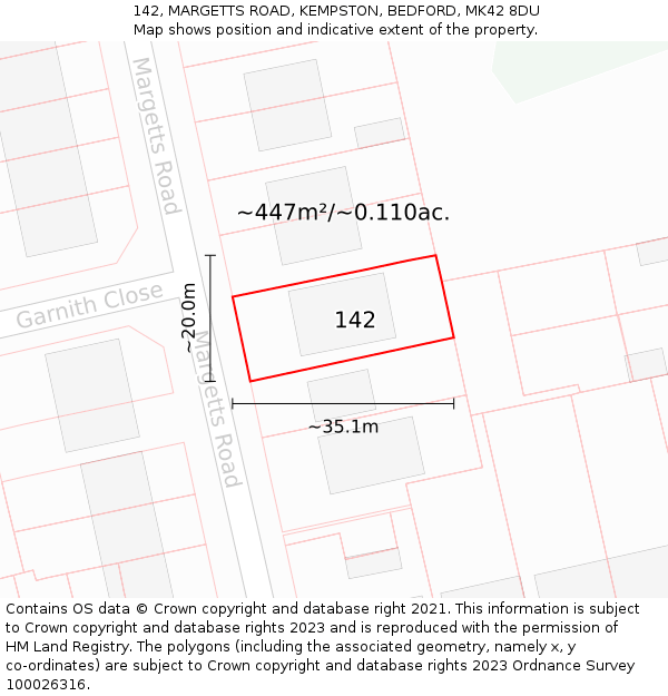 142, MARGETTS ROAD, KEMPSTON, BEDFORD, MK42 8DU: Plot and title map