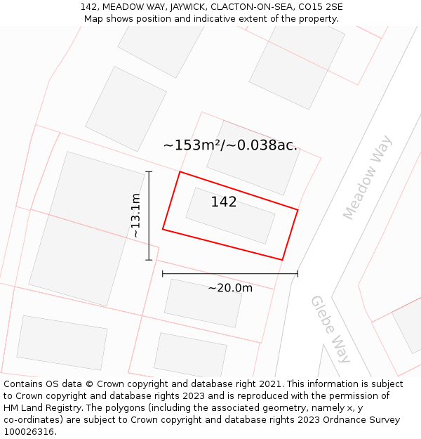 142, MEADOW WAY, JAYWICK, CLACTON-ON-SEA, CO15 2SE: Plot and title map