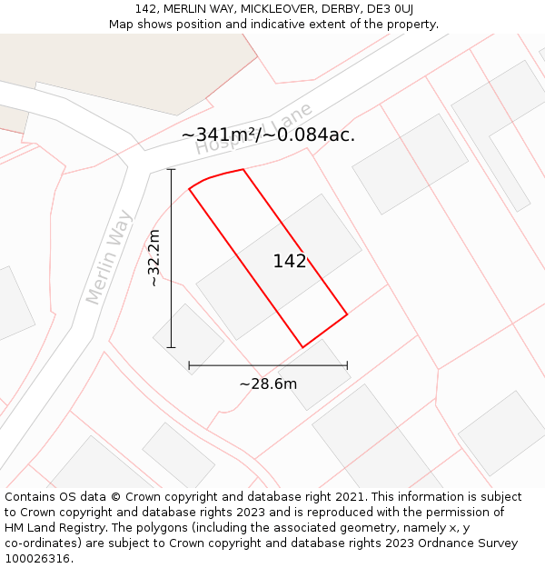 142, MERLIN WAY, MICKLEOVER, DERBY, DE3 0UJ: Plot and title map