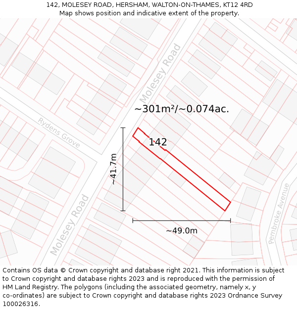 142, MOLESEY ROAD, HERSHAM, WALTON-ON-THAMES, KT12 4RD: Plot and title map