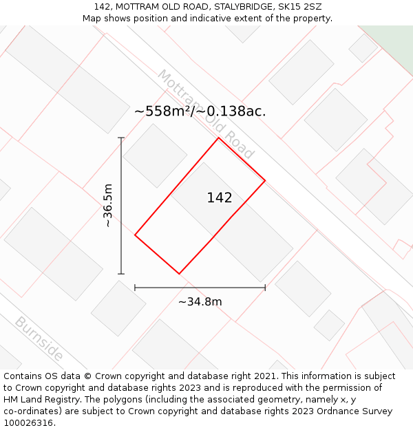 142, MOTTRAM OLD ROAD, STALYBRIDGE, SK15 2SZ: Plot and title map