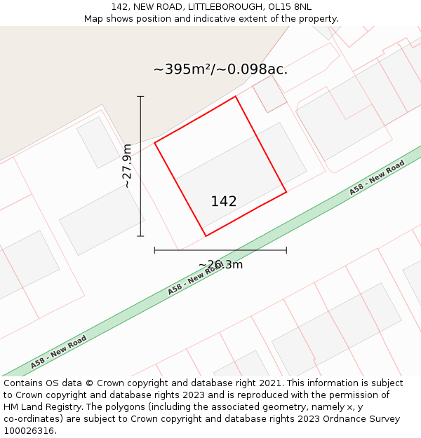 142, NEW ROAD, LITTLEBOROUGH, OL15 8NL: Plot and title map