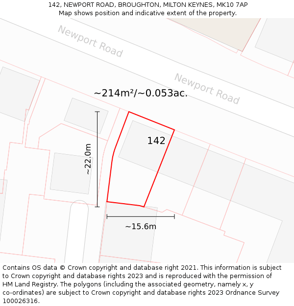 142, NEWPORT ROAD, BROUGHTON, MILTON KEYNES, MK10 7AP: Plot and title map