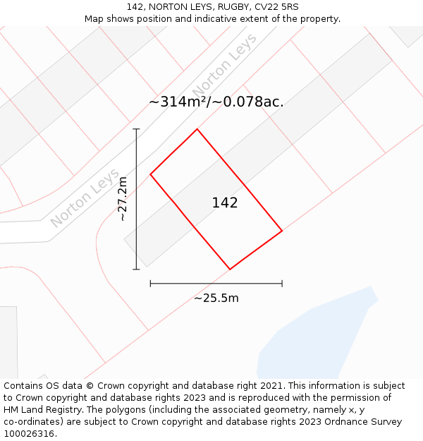 142, NORTON LEYS, RUGBY, CV22 5RS: Plot and title map