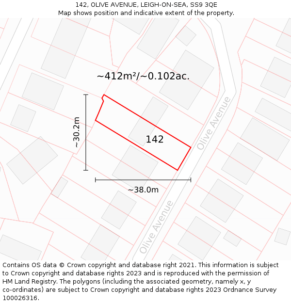 142, OLIVE AVENUE, LEIGH-ON-SEA, SS9 3QE: Plot and title map