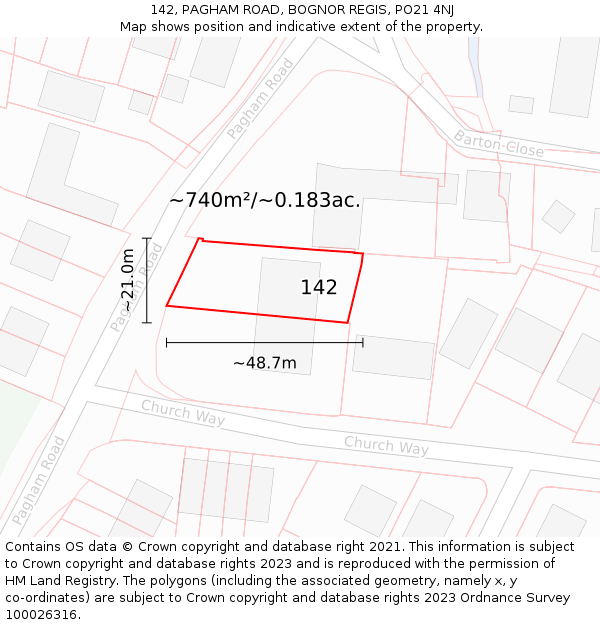 142, PAGHAM ROAD, BOGNOR REGIS, PO21 4NJ: Plot and title map