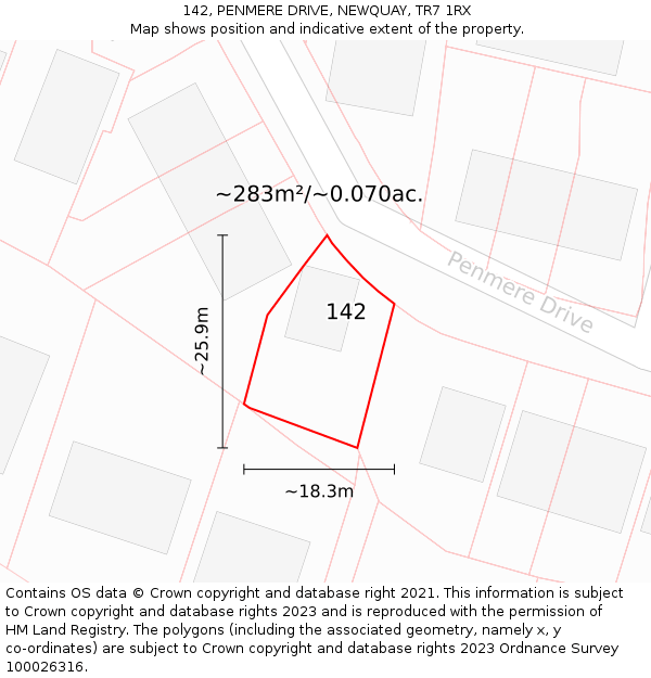 142, PENMERE DRIVE, NEWQUAY, TR7 1RX: Plot and title map