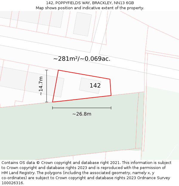 142, POPPYFIELDS WAY, BRACKLEY, NN13 6GB: Plot and title map