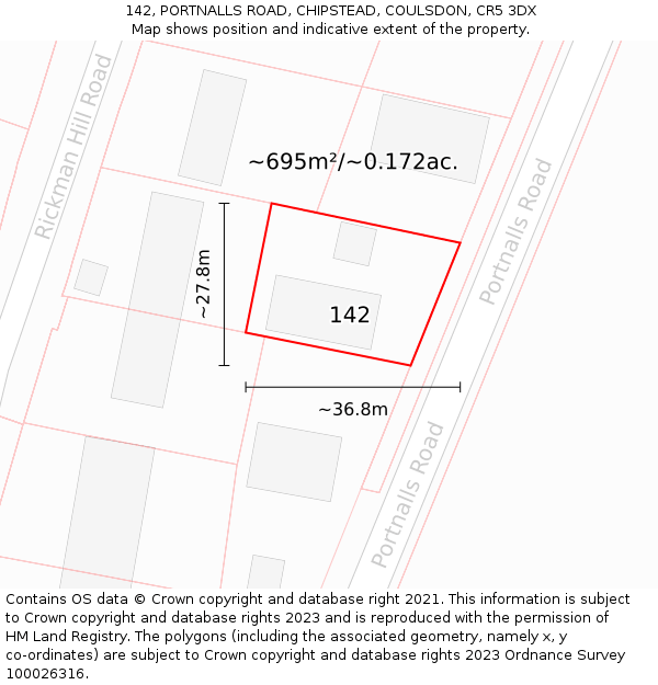 142, PORTNALLS ROAD, CHIPSTEAD, COULSDON, CR5 3DX: Plot and title map