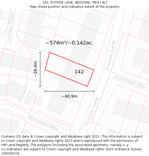 142, PUTNOE LANE, BEDFORD, MK41 8LT: Plot and title map