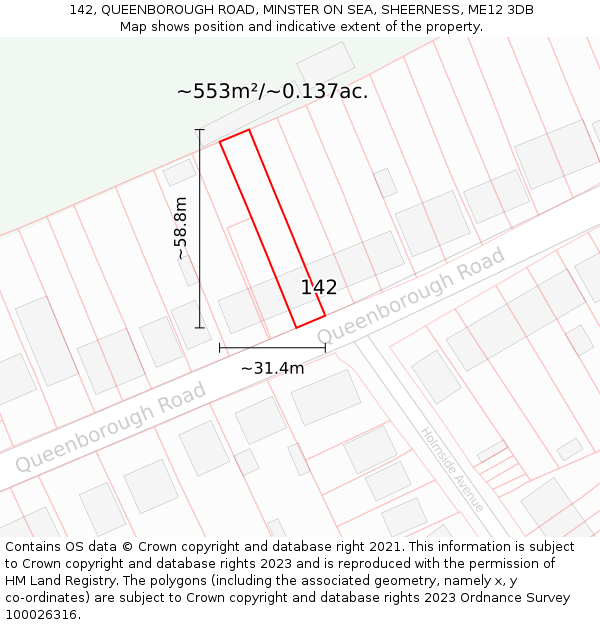 142, QUEENBOROUGH ROAD, MINSTER ON SEA, SHEERNESS, ME12 3DB: Plot and title map