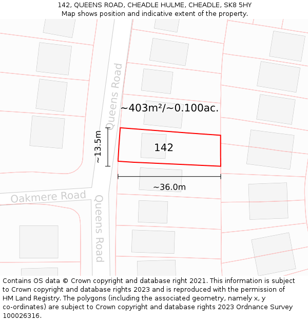 142, QUEENS ROAD, CHEADLE HULME, CHEADLE, SK8 5HY: Plot and title map