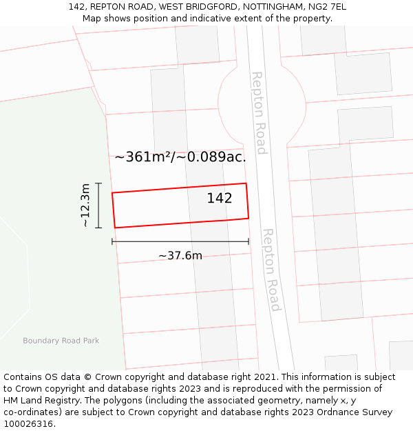 142, REPTON ROAD, WEST BRIDGFORD, NOTTINGHAM, NG2 7EL: Plot and title map