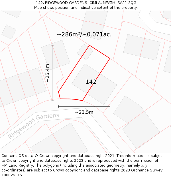 142, RIDGEWOOD GARDENS, CIMLA, NEATH, SA11 3QG: Plot and title map