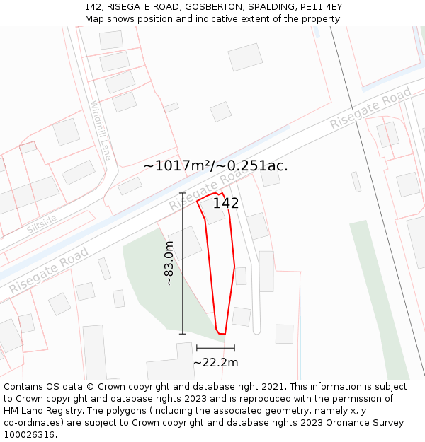 142, RISEGATE ROAD, GOSBERTON, SPALDING, PE11 4EY: Plot and title map