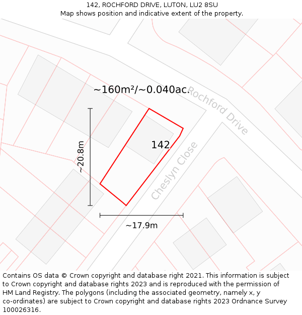 142, ROCHFORD DRIVE, LUTON, LU2 8SU: Plot and title map