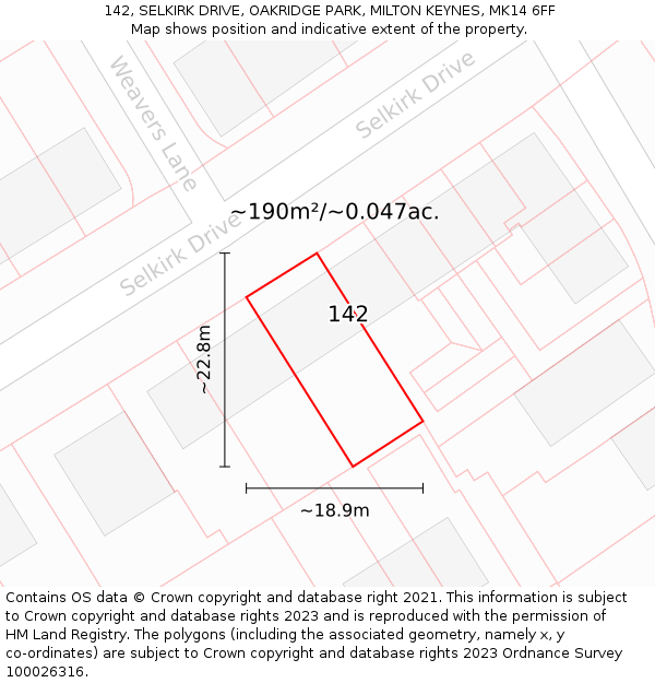 142, SELKIRK DRIVE, OAKRIDGE PARK, MILTON KEYNES, MK14 6FF: Plot and title map