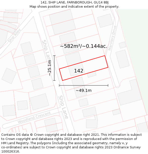 142, SHIP LANE, FARNBOROUGH, GU14 8BJ: Plot and title map