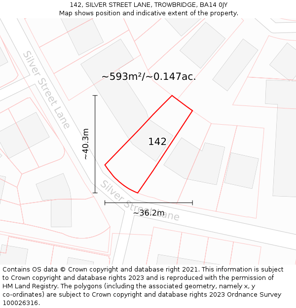 142, SILVER STREET LANE, TROWBRIDGE, BA14 0JY: Plot and title map