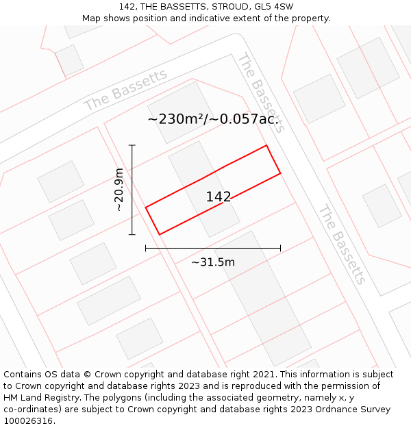 142, THE BASSETTS, STROUD, GL5 4SW: Plot and title map