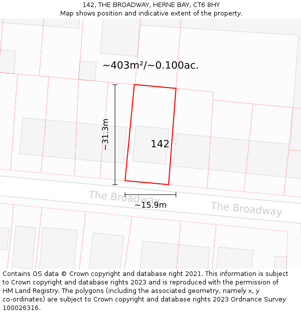 142, THE BROADWAY, HERNE BAY, CT6 8HY: Plot and title map