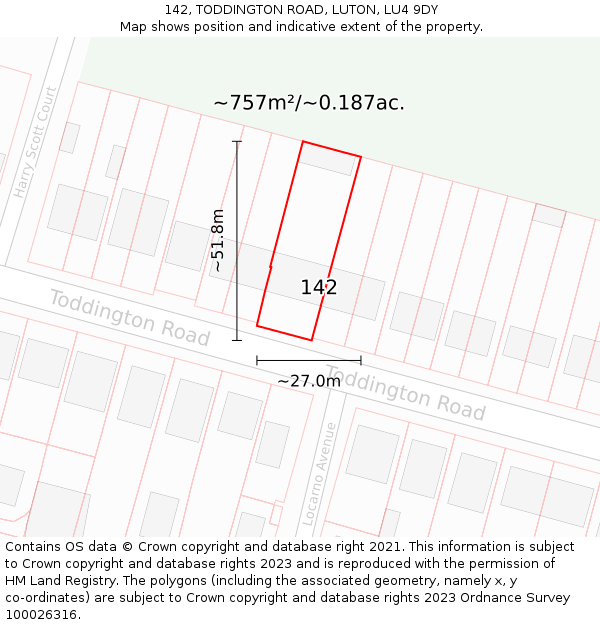 142, TODDINGTON ROAD, LUTON, LU4 9DY: Plot and title map