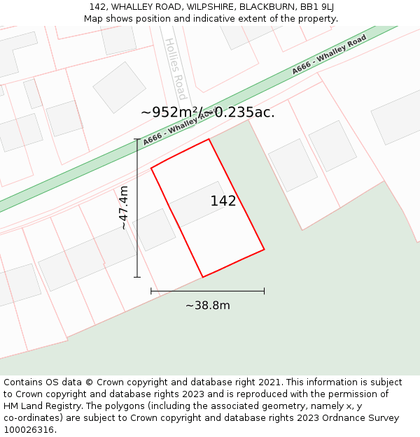 142, WHALLEY ROAD, WILPSHIRE, BLACKBURN, BB1 9LJ: Plot and title map