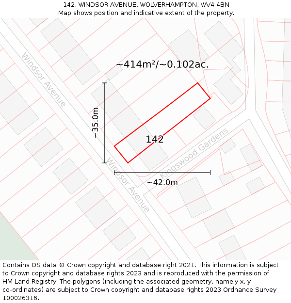 142, WINDSOR AVENUE, WOLVERHAMPTON, WV4 4BN: Plot and title map