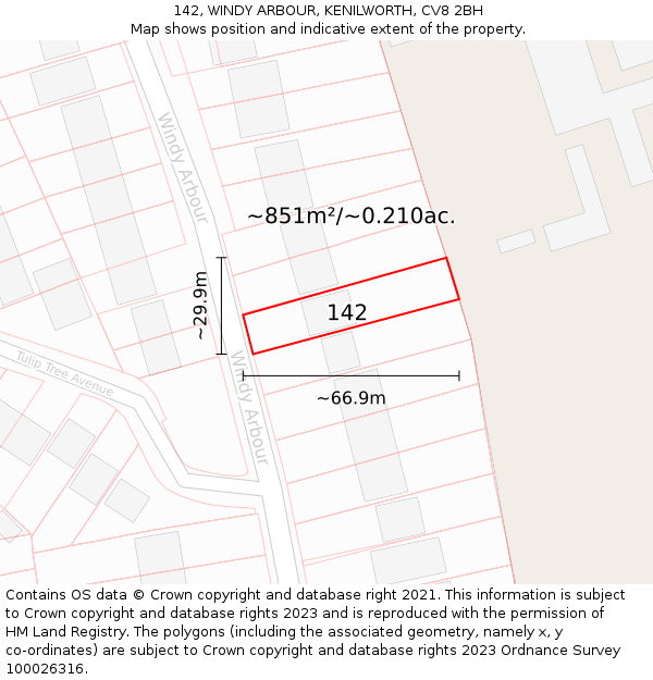 142, WINDY ARBOUR, KENILWORTH, CV8 2BH: Plot and title map