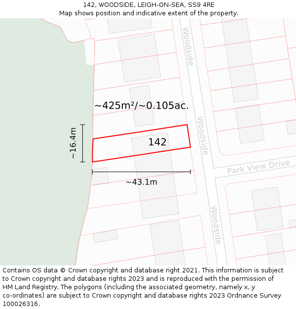 142, WOODSIDE, LEIGH-ON-SEA, SS9 4RE: Plot and title map