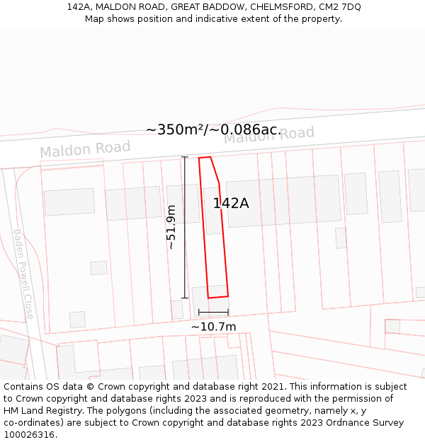 142A, MALDON ROAD, GREAT BADDOW, CHELMSFORD, CM2 7DQ: Plot and title map