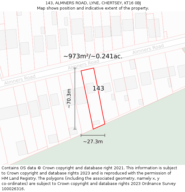 143, ALMNERS ROAD, LYNE, CHERTSEY, KT16 0BJ: Plot and title map