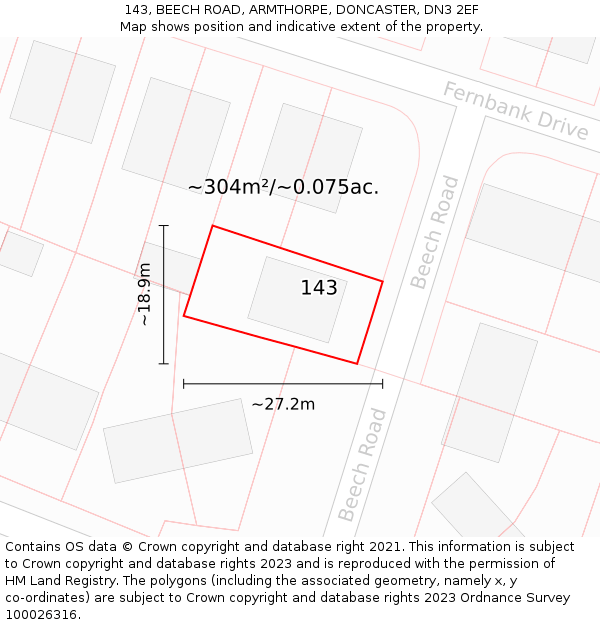 143, BEECH ROAD, ARMTHORPE, DONCASTER, DN3 2EF: Plot and title map