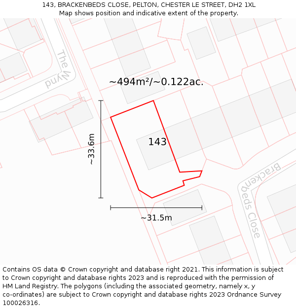 143, BRACKENBEDS CLOSE, PELTON, CHESTER LE STREET, DH2 1XL: Plot and title map