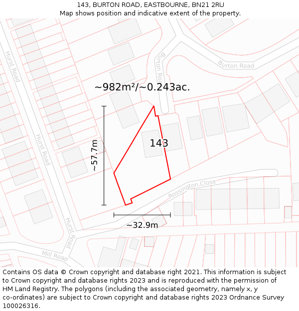 143, BURTON ROAD, EASTBOURNE, BN21 2RU: Plot and title map