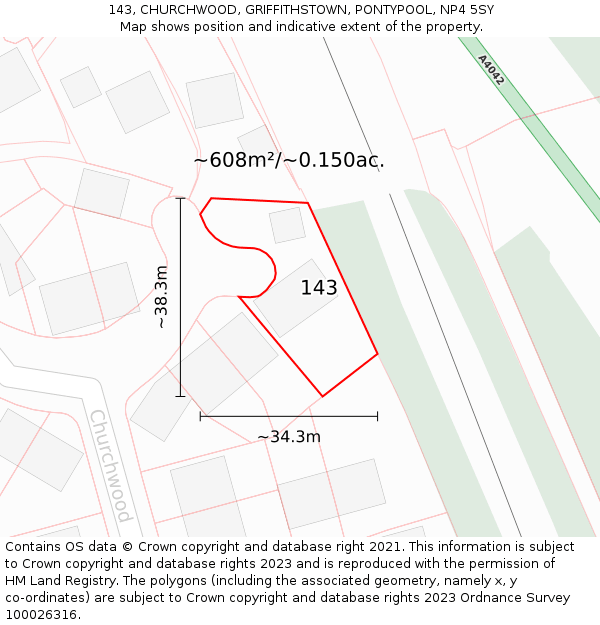 143, CHURCHWOOD, GRIFFITHSTOWN, PONTYPOOL, NP4 5SY: Plot and title map