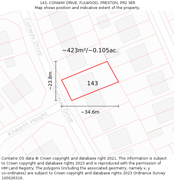 143, CONWAY DRIVE, FULWOOD, PRESTON, PR2 3ER: Plot and title map