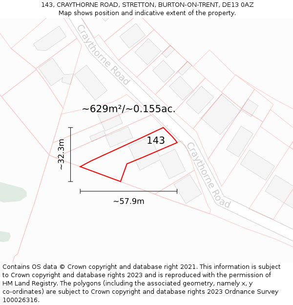 143, CRAYTHORNE ROAD, STRETTON, BURTON-ON-TRENT, DE13 0AZ: Plot and title map