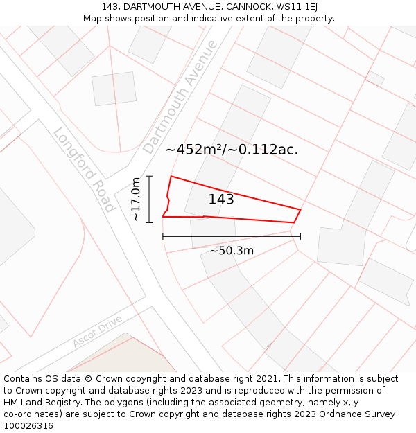 143, DARTMOUTH AVENUE, CANNOCK, WS11 1EJ: Plot and title map