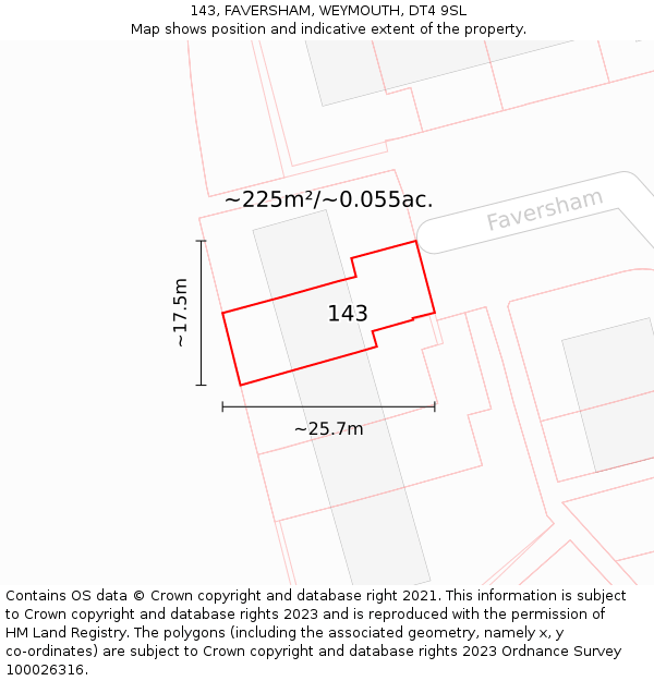 143, FAVERSHAM, WEYMOUTH, DT4 9SL: Plot and title map