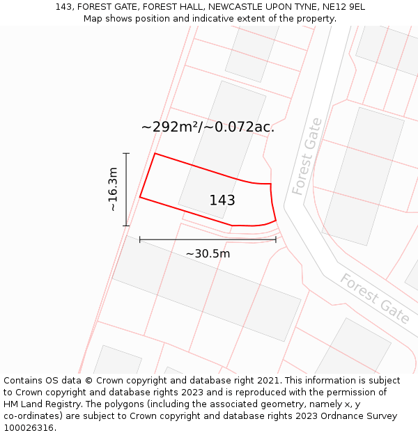 143, FOREST GATE, FOREST HALL, NEWCASTLE UPON TYNE, NE12 9EL: Plot and title map