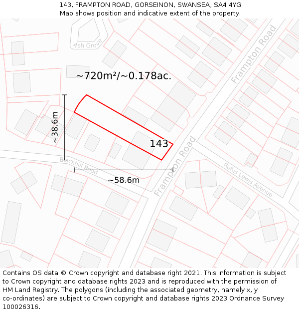 143, FRAMPTON ROAD, GORSEINON, SWANSEA, SA4 4YG: Plot and title map