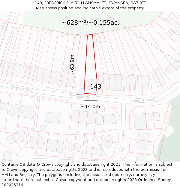 143, FREDERICK PLACE, LLANSAMLET, SWANSEA, SA7 9TT: Plot and title map